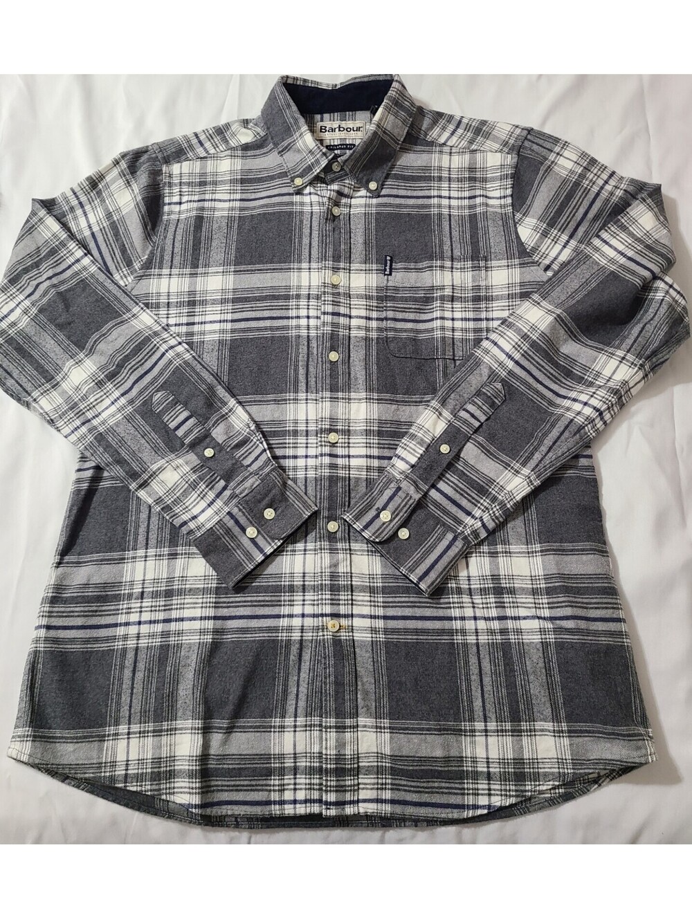 Barbour Tattersall 13 Flannel Plaid Shirt Mens Sz Small Gray Ivory Tailored Fit